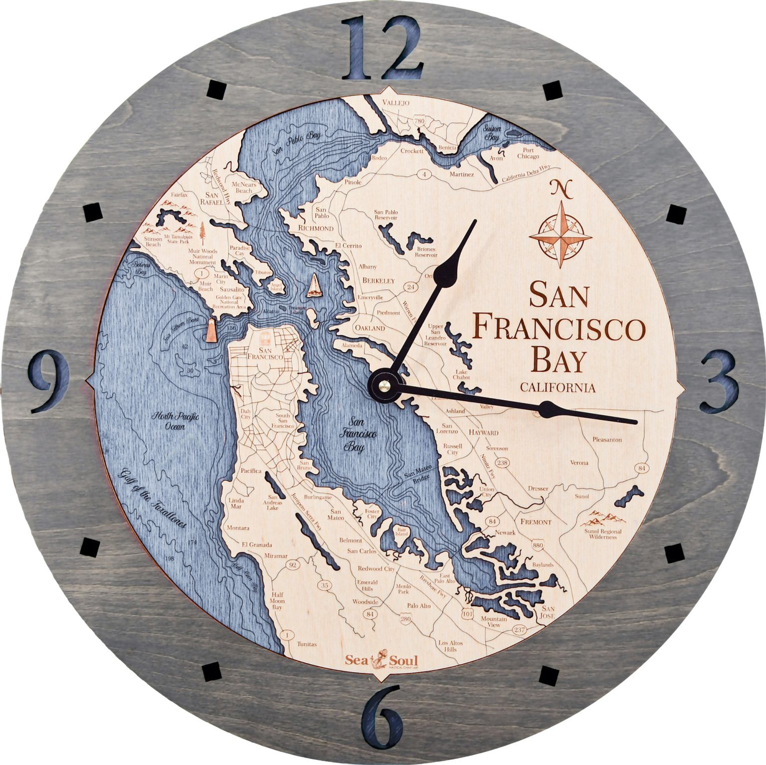 24" San Francisco Nautical Map Clock Sea and Soul Charts