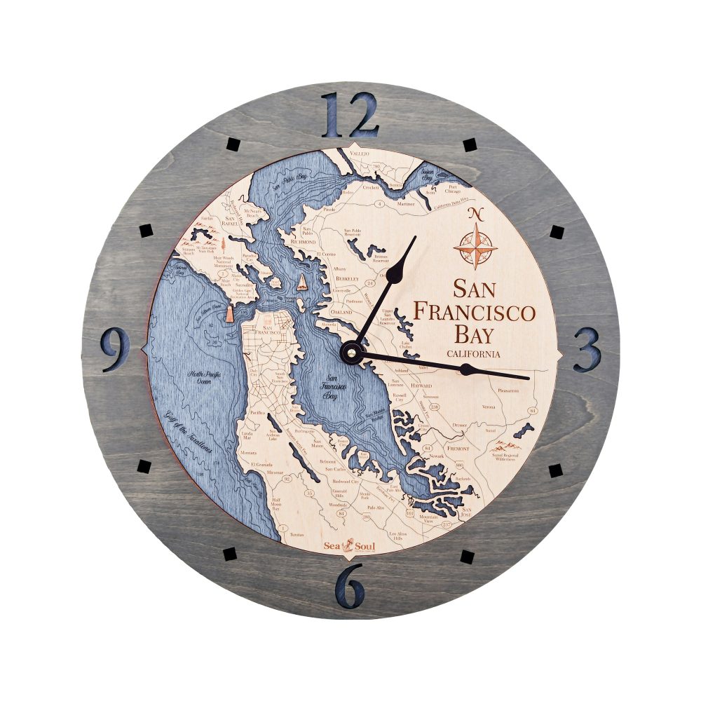 San Francisco Nautical Clock Driftwood Accent with Deep Blue Water