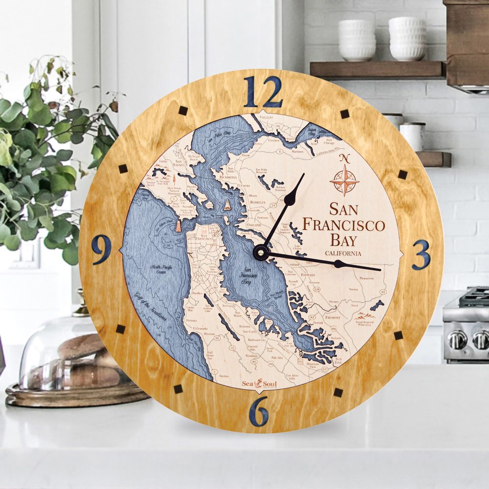 San Francisco Bay Nautical Clock Honey Accent with Deep Blue Water Sitting on Countertop