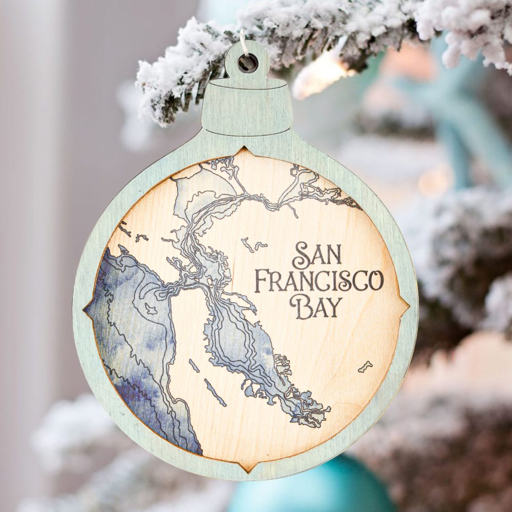 San Francisco Bay Christmas Ornament Bleach Blue Accent with Deep Blue Water Hanging on Christmas Tree with Snow