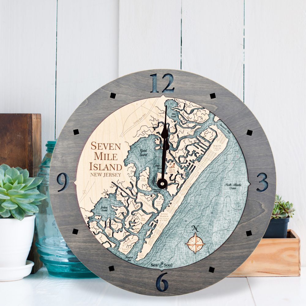 Seven Mile Island Nautical Clock Driftwood Accent with Blue Green Water Sitting by Succulents