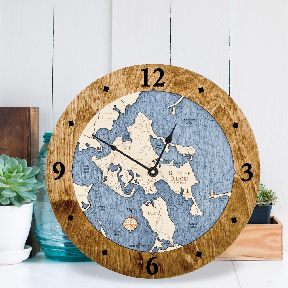 Shelter Island Nautical Clock Americana Accent with Deep Blue Water Sitting by Succulents