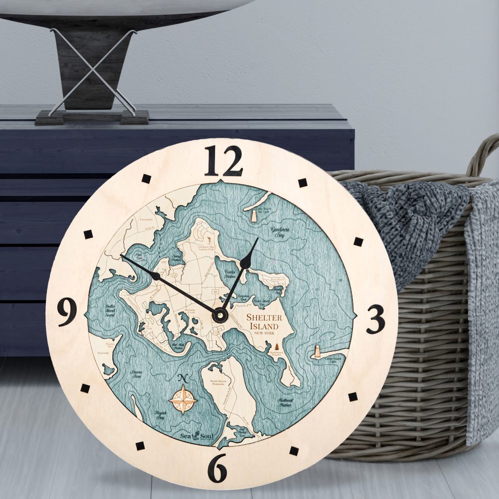 Shelter Island Nautical Clock Birch Accent with Blue Green Water Sitting on Ground by Basket