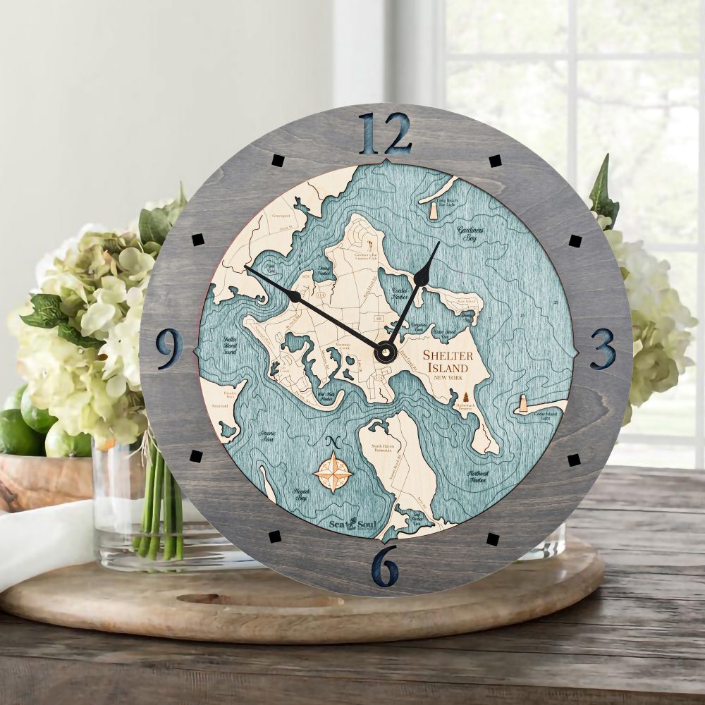 Shelter Island Nautical Clock Driftwood Accent with Blue Green Water Sitting on Table by Flowers