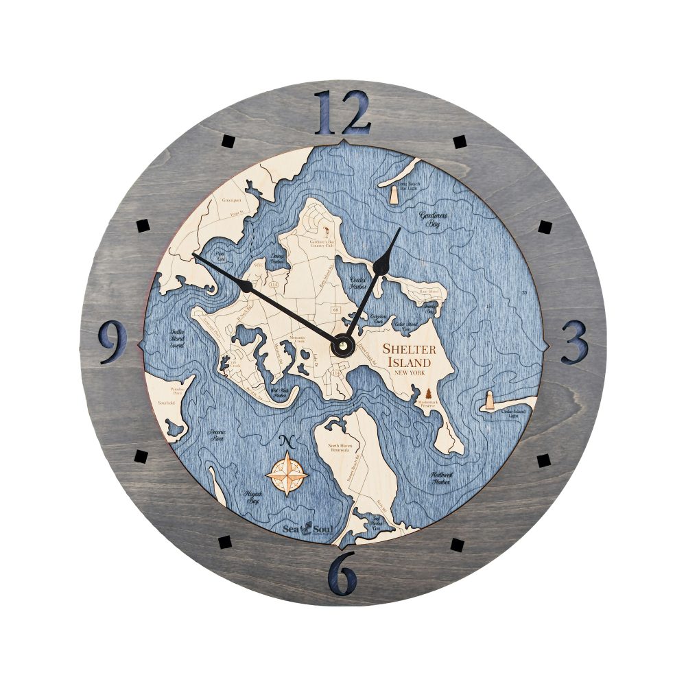 Shelter Island Nautical Clock Driftwood Accent with Deep Blue Water