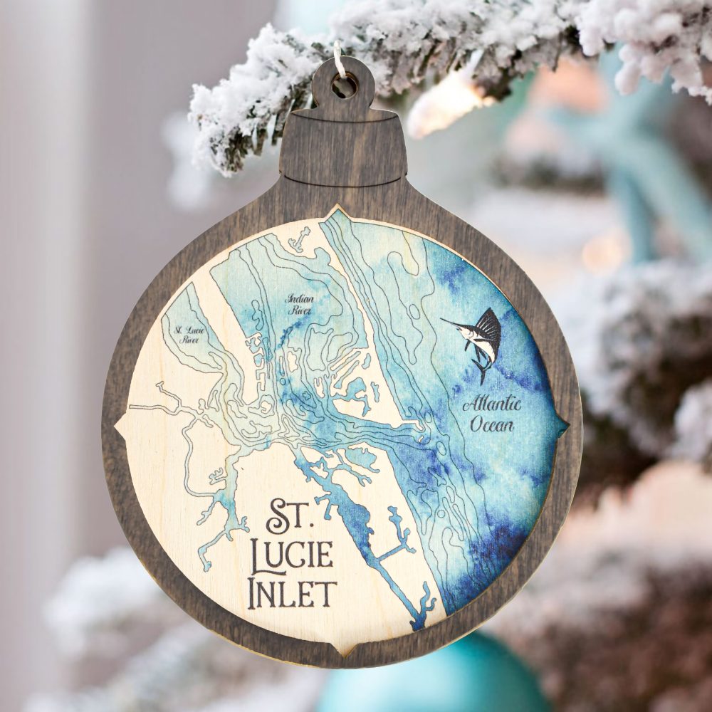 St Lucie Inlet Christmas Ornament Driftwood Accent with Deep Blue Water Hanging on Christmas Tree with Snow