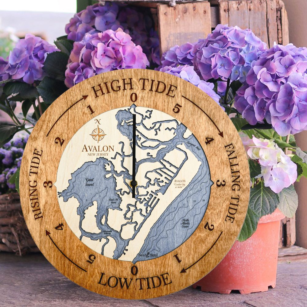Avalon New Jersey Tide Clock Americana Accent with Deep Blue Water Sitting on Ground by Flower Pots