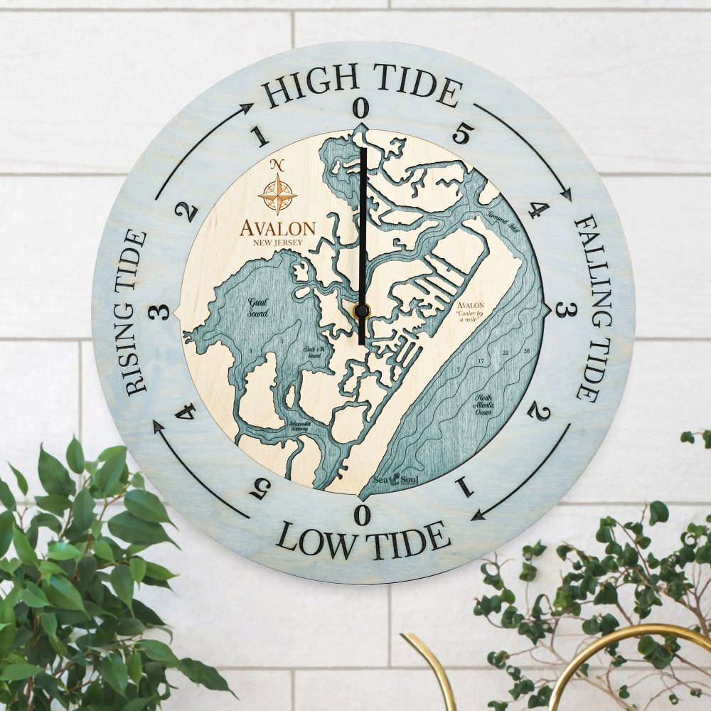 Avalon New Jersey Tide Clock Bleach Blue Accent with Blue Green Water Hanging on Wall