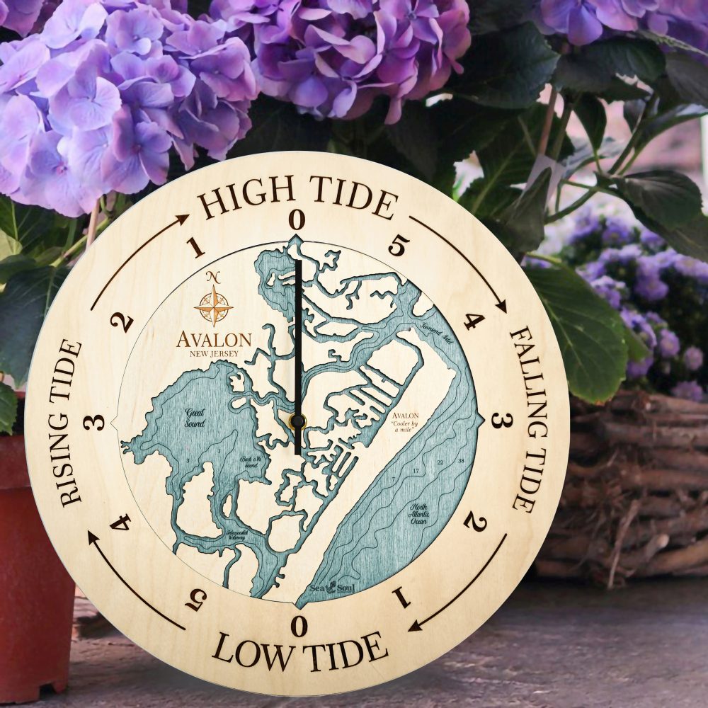 Avalon New Jersey Tide Clock Birch Accent with Blue Green Water Sitting on Ground by Flowerpot