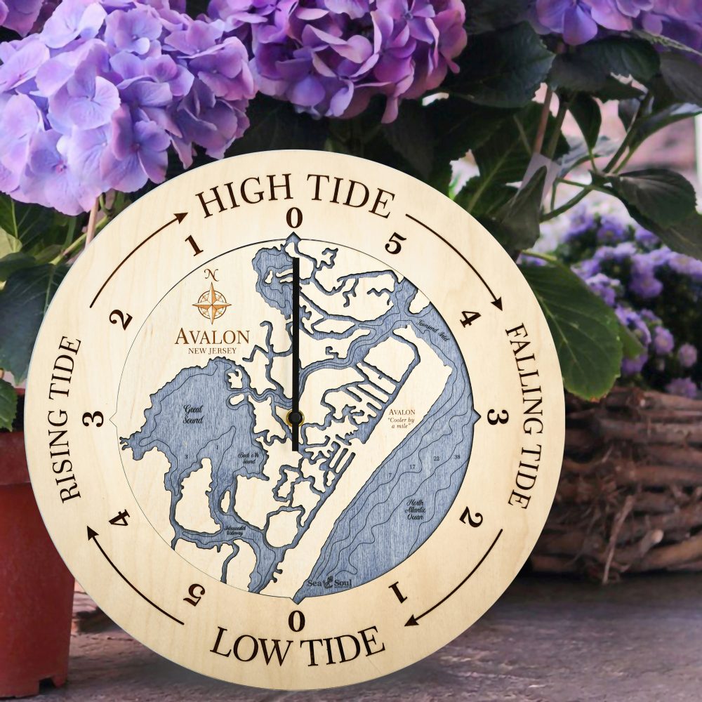 Avalon New Jersey Tide Clock Birch Accent with Deep Blue Water Sitting on Ground by Flowerpot
