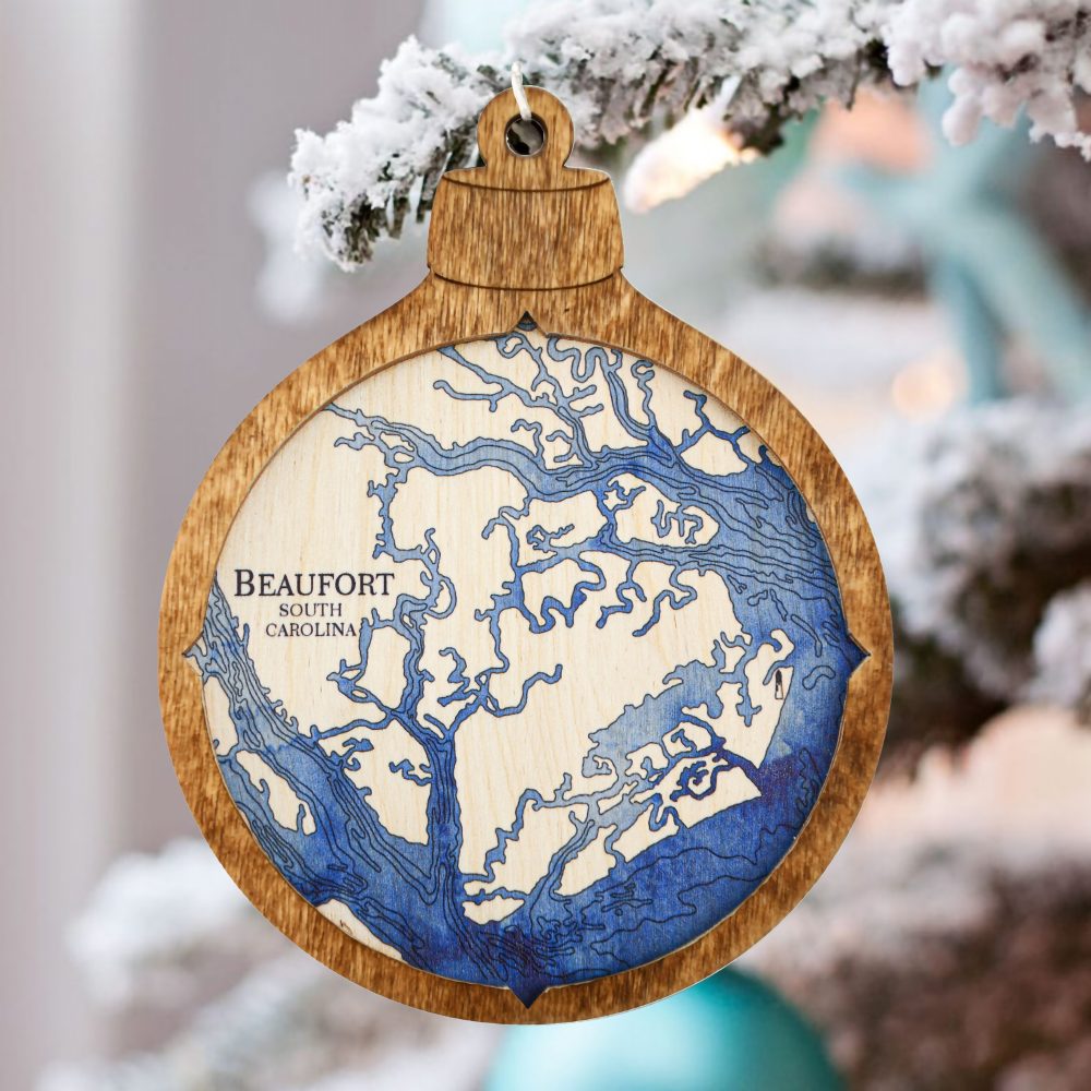 Beaufort Christmas Ornament Americana Accent with Deep Blue Water Hanging on Outdoor Pine Tree with Snow