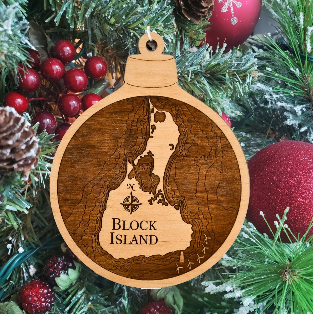 Block Island Engraved Ornament Hanging on Christmas Tree with Ornaments
