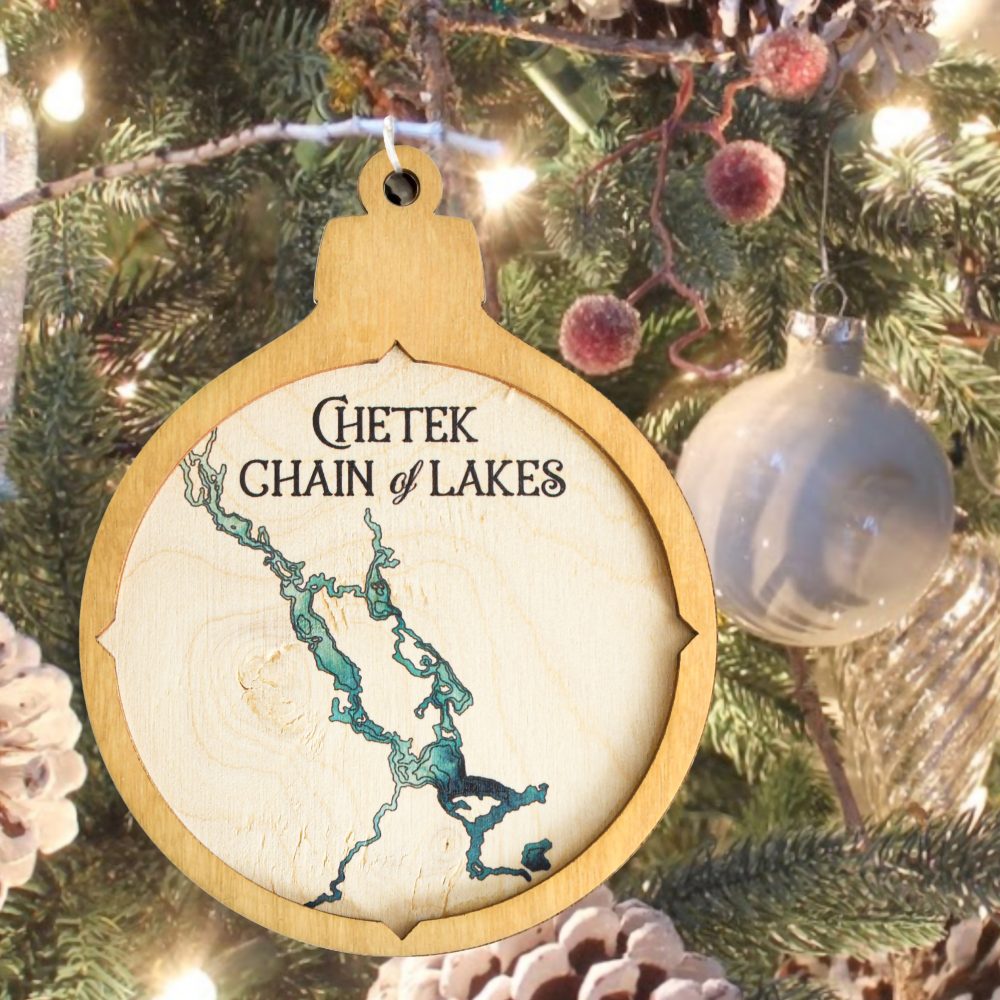 Chetek Chain Christmas Ornament Honey Accent with Blue Green Water Hanging on Christmas Tree with Ornaments