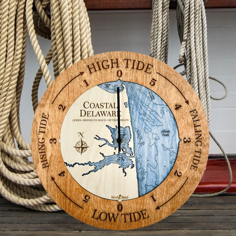 Coastal Delaware Tide Clock Americana Accent with Deep Blue Water Sitting on Dock by Boat