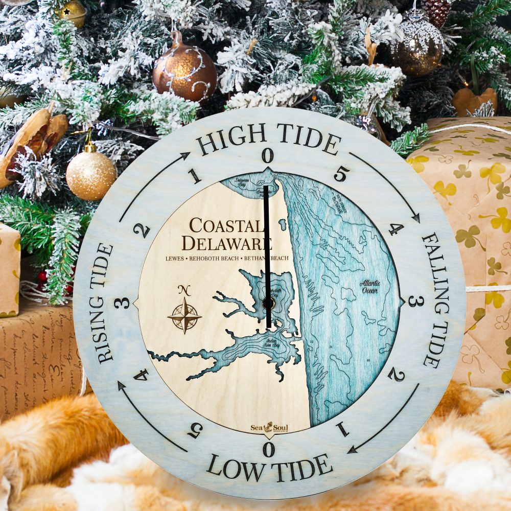 Coastal Delaware Tide Clock Bleach Blued Accent with Blue Green Water Sitting Under Christmas Tree
