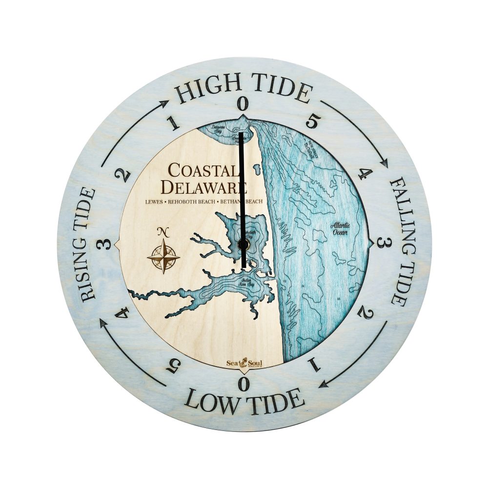 Coastal Delaware Tide Clock Bleach Blued Accent with Blue Green Water