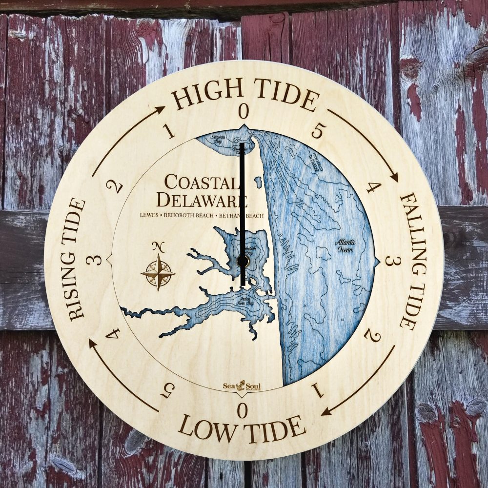 Coastal Delaware Tide Clock Birch Accent with Deep Blue Water Hanging on Rustic Red Fence