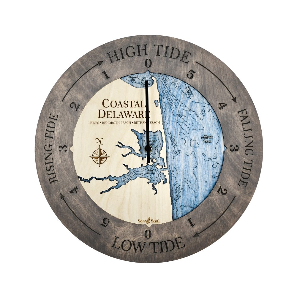Coastal Delaware Tide Clock Driftwood Accent with Deep Blue Water