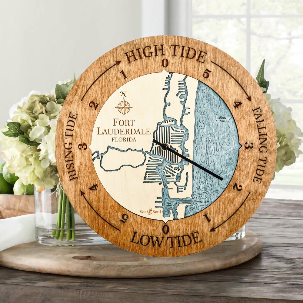 Fort Lauderdale Tide Clock Americana Accent with Blue Green Water Sitting on Table with Flowers