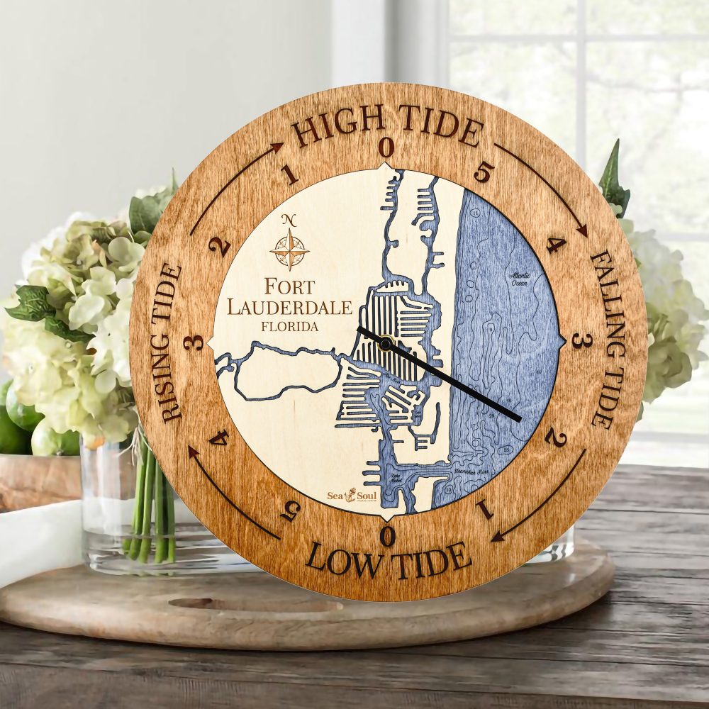 Fort Lauderdale Tide Clock Americana Accent with Deep Blue Water Sitting on Table with Flowers