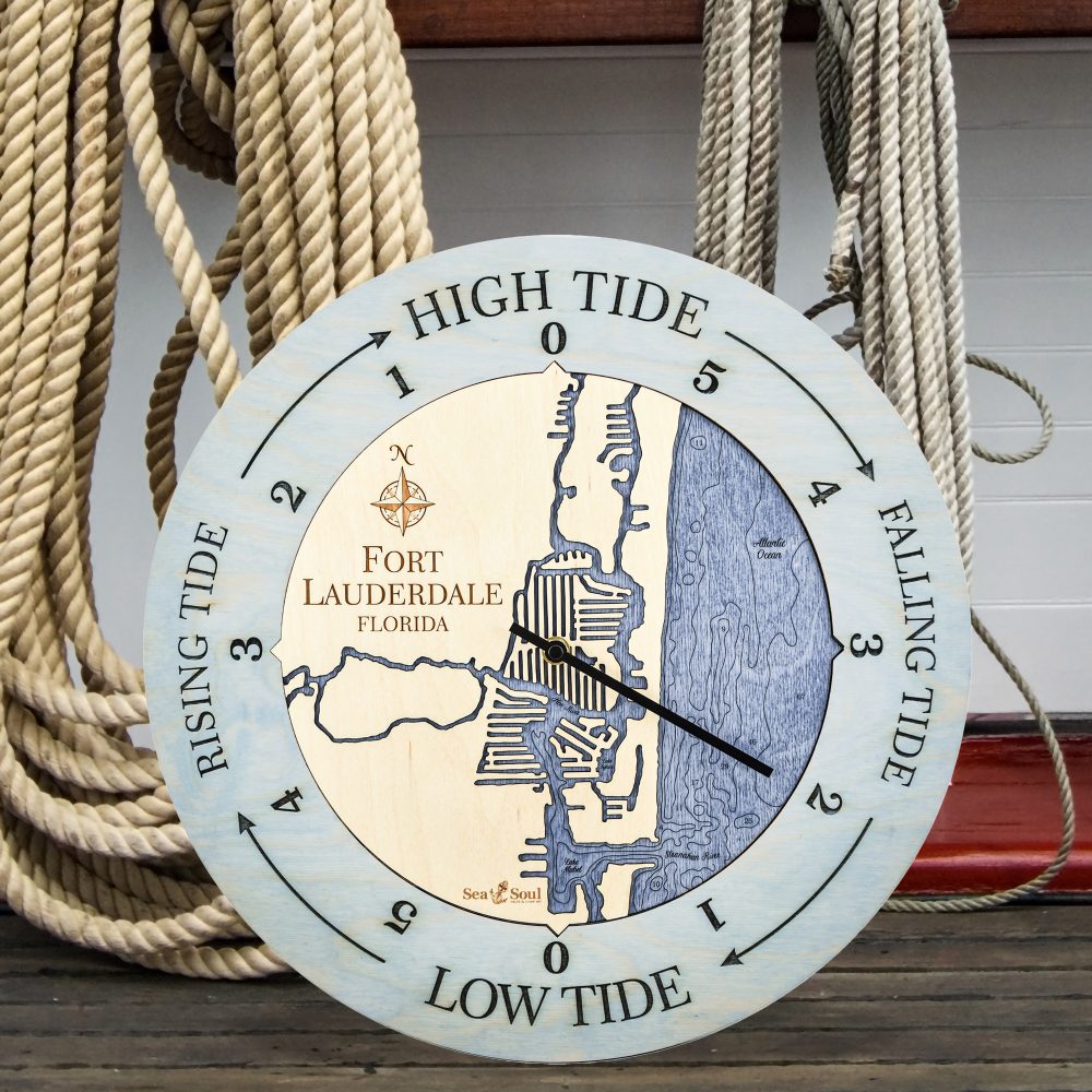 Fort Lauderdale Tide Clock Bleach Blue Accent with Deep Blue Water Sitting on Dock by Boat