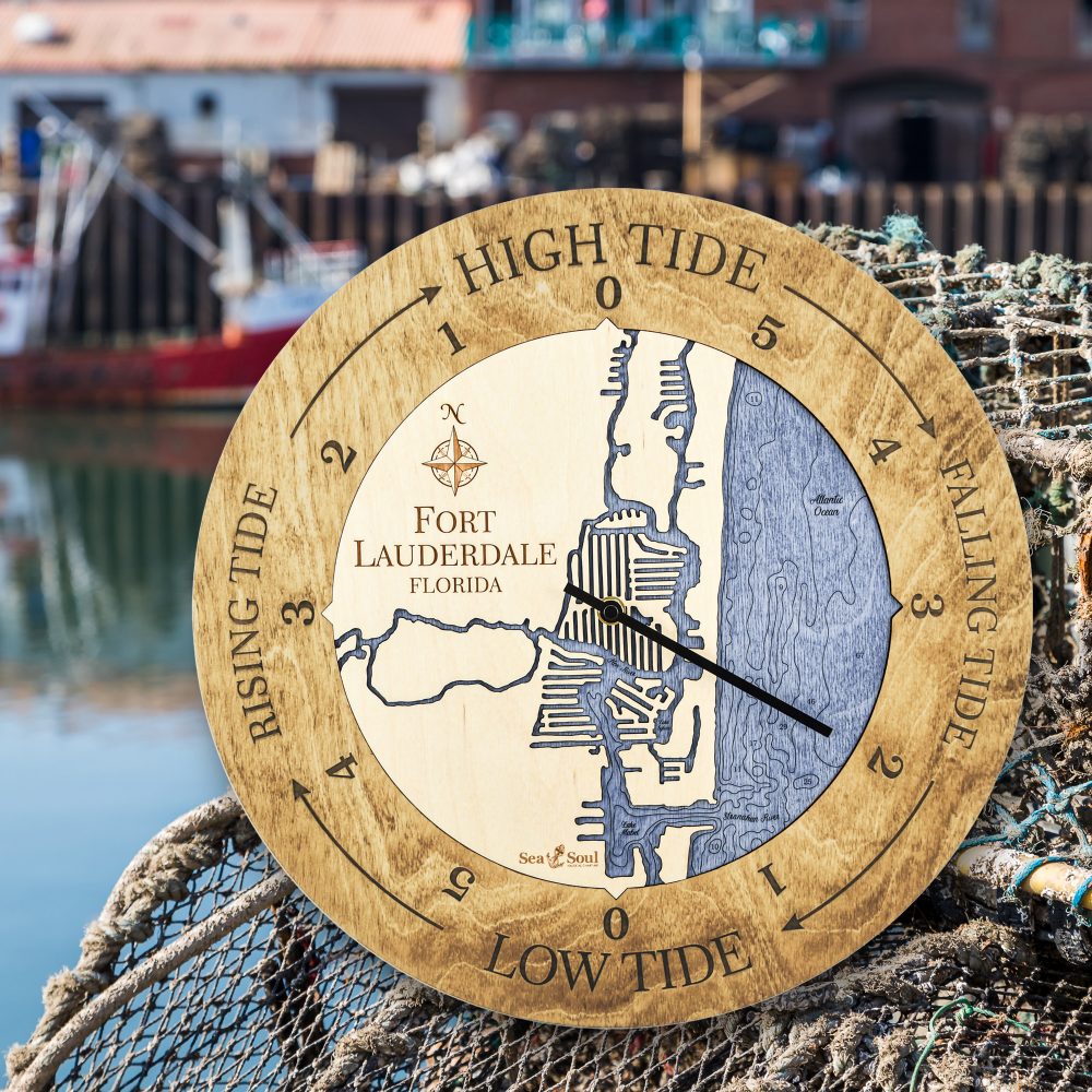 Fort Lauderdale Tide Clock Honey Accent with Deep Blue Water Sitting on Fishing Net on Dock