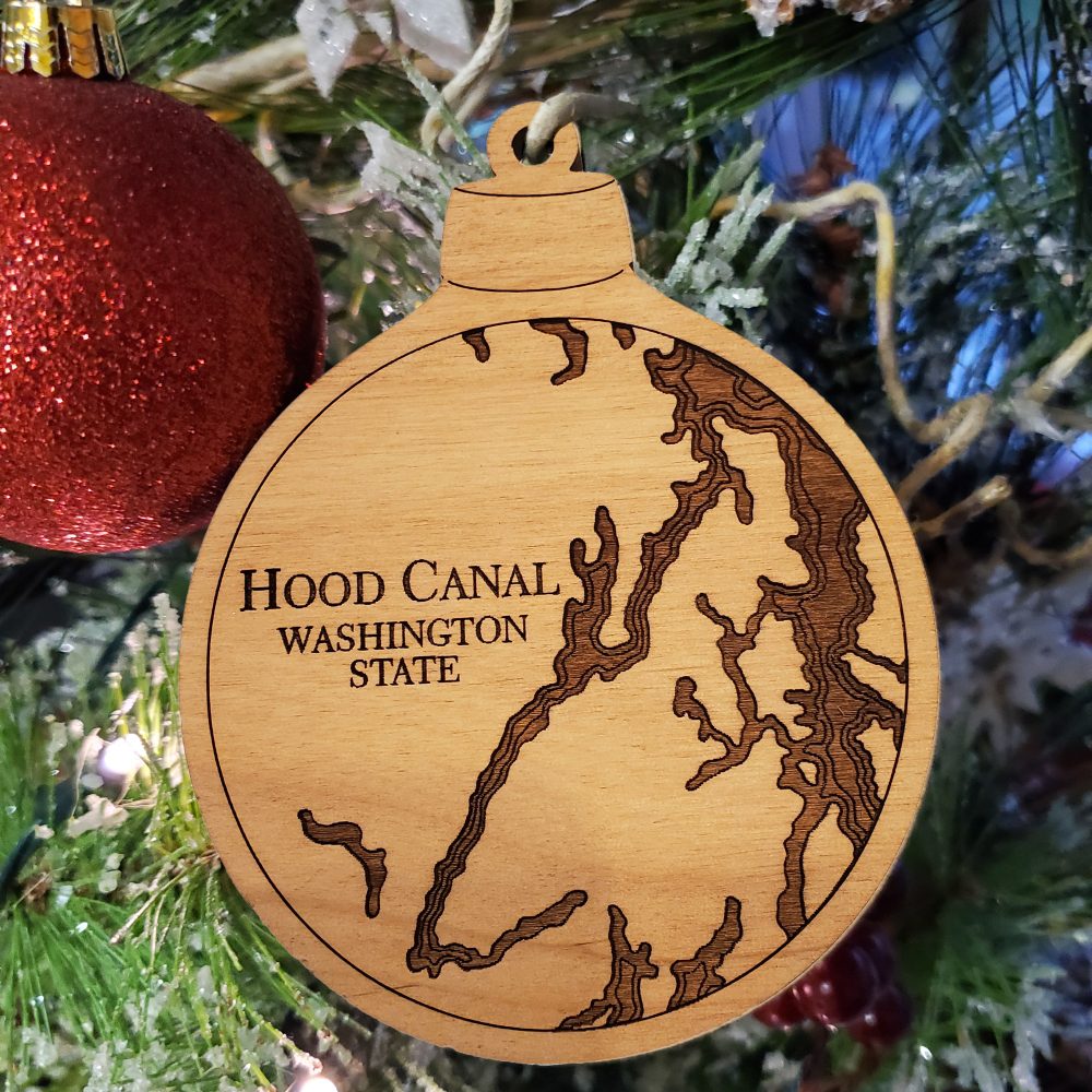 Hood Canal Engraved Nautical Ornament Hanging on Christmas Tree with Ornament