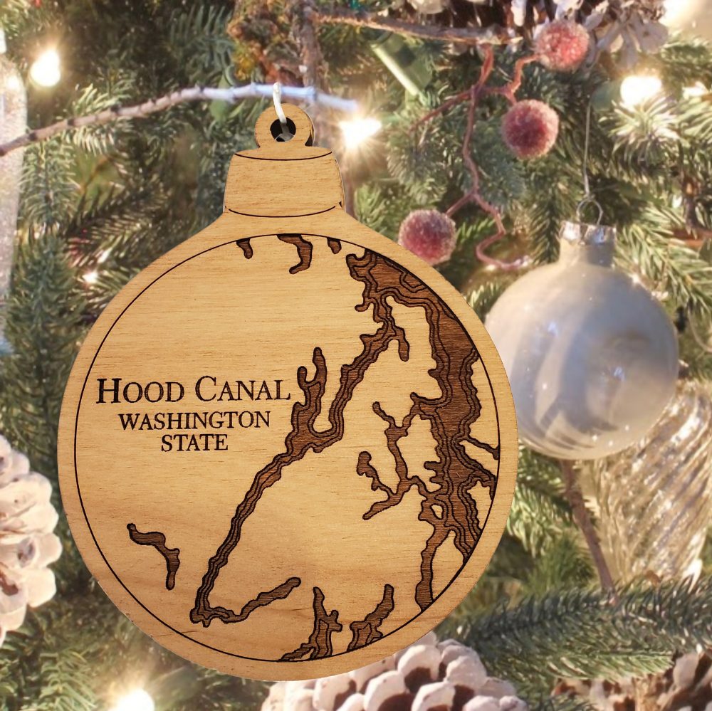 Hood Canal Engraved Nautical Ornament Hanging on Christmas Tree with Ornaments