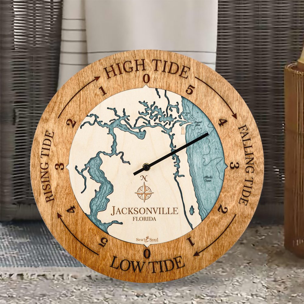 Jacksonville Florida Tide Clock Americana Accent with Blue Green Water Sitting by Outdoor Chair
