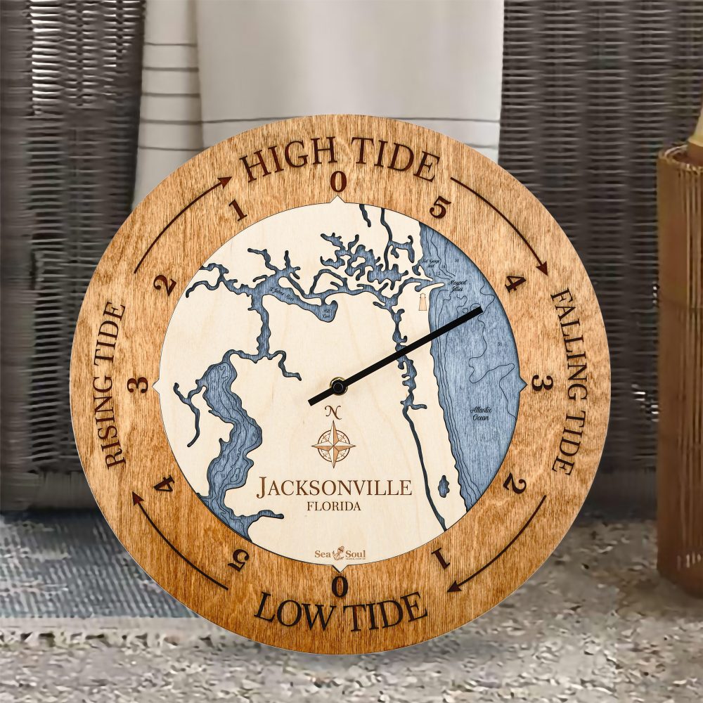 Jacksonville Florida Tide Clock Americana Accent with Deep Blue Water Sitting by Outdoor Chair