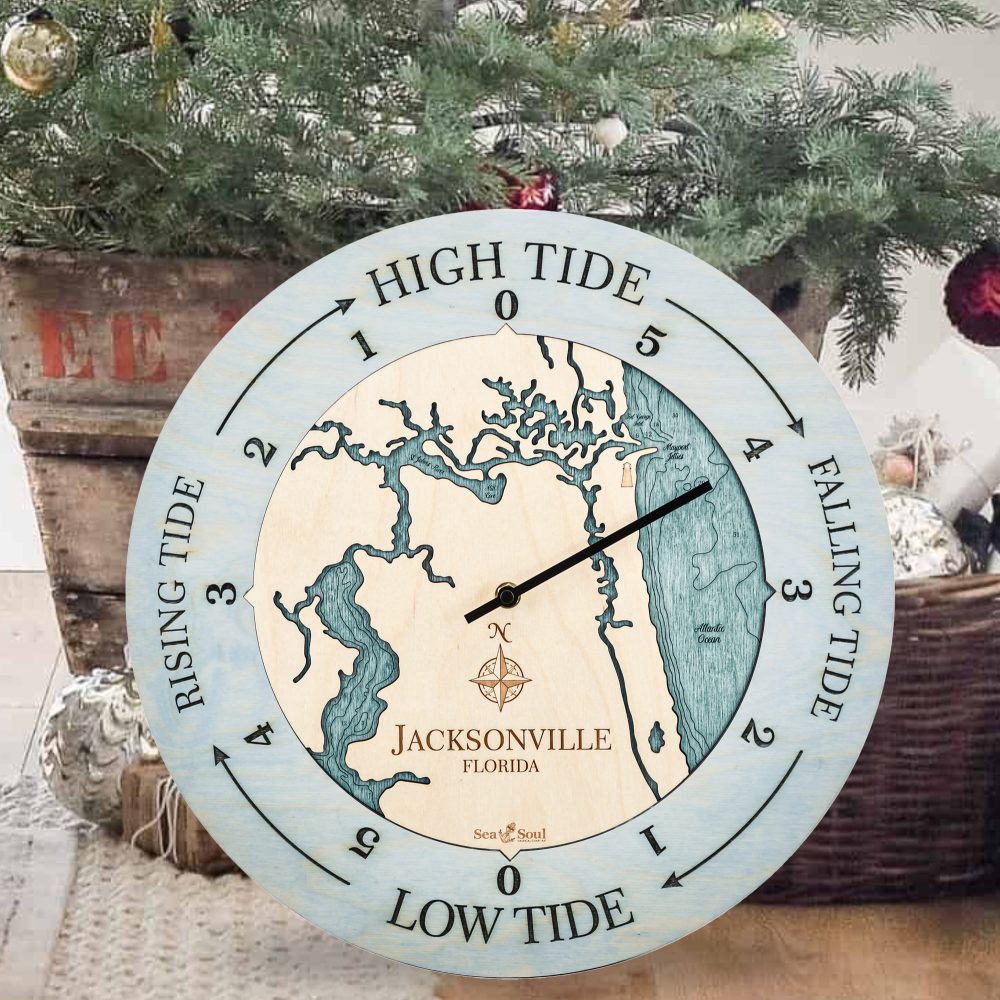 Jacksonville Florida Tide Clock Bleach Blue Accent with Blue Green Water Sitting on Ground under Christmas Tree