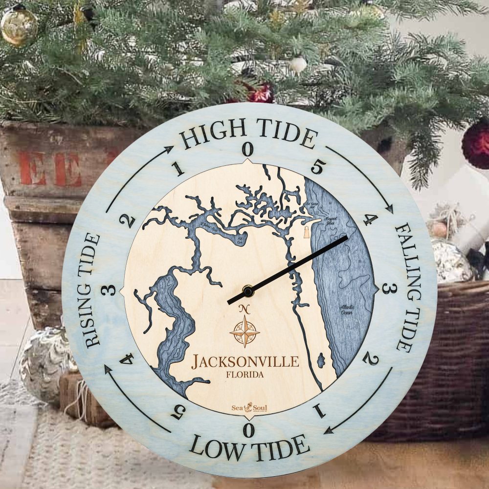 Jacksonville Florida Tide Clock Bleach Blue Accent with Deep Blue Water Sitting on Ground under Christmas Tree
