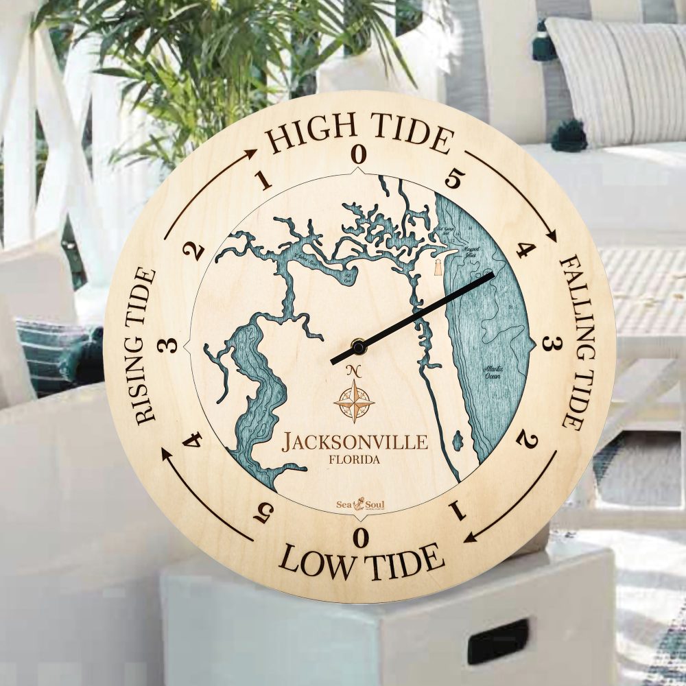 Jacksonville Florida Tide Clock Birch Accent with Blue Green Water Sitting on Side Table by Armchair