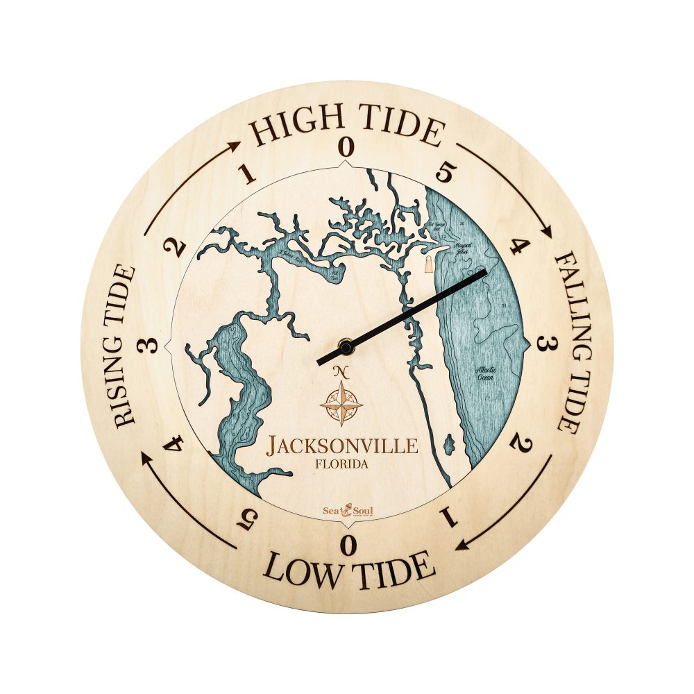 Jacksonville Florida Tide Clock Birch Accent with Blue Green Water