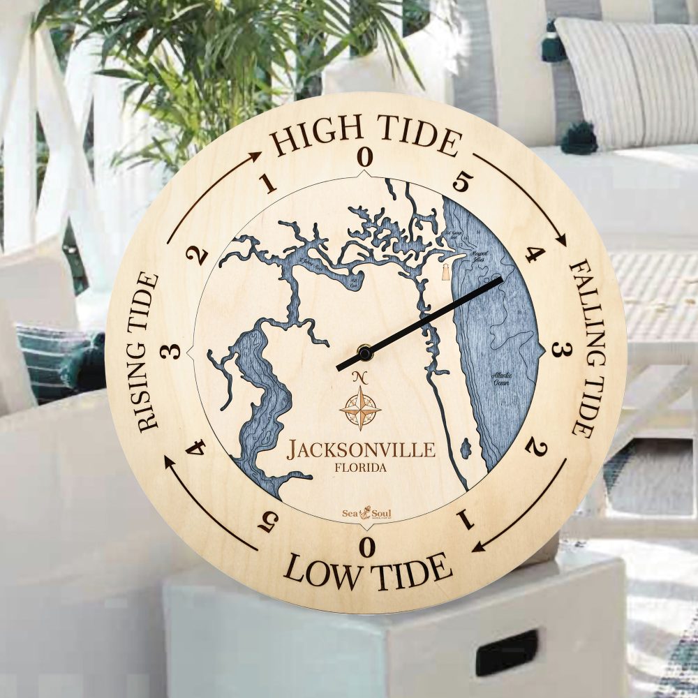Jacksonville Florida Tide Clock Birch Accent with Deep Blue Water Sitting on Side Table by Armchair