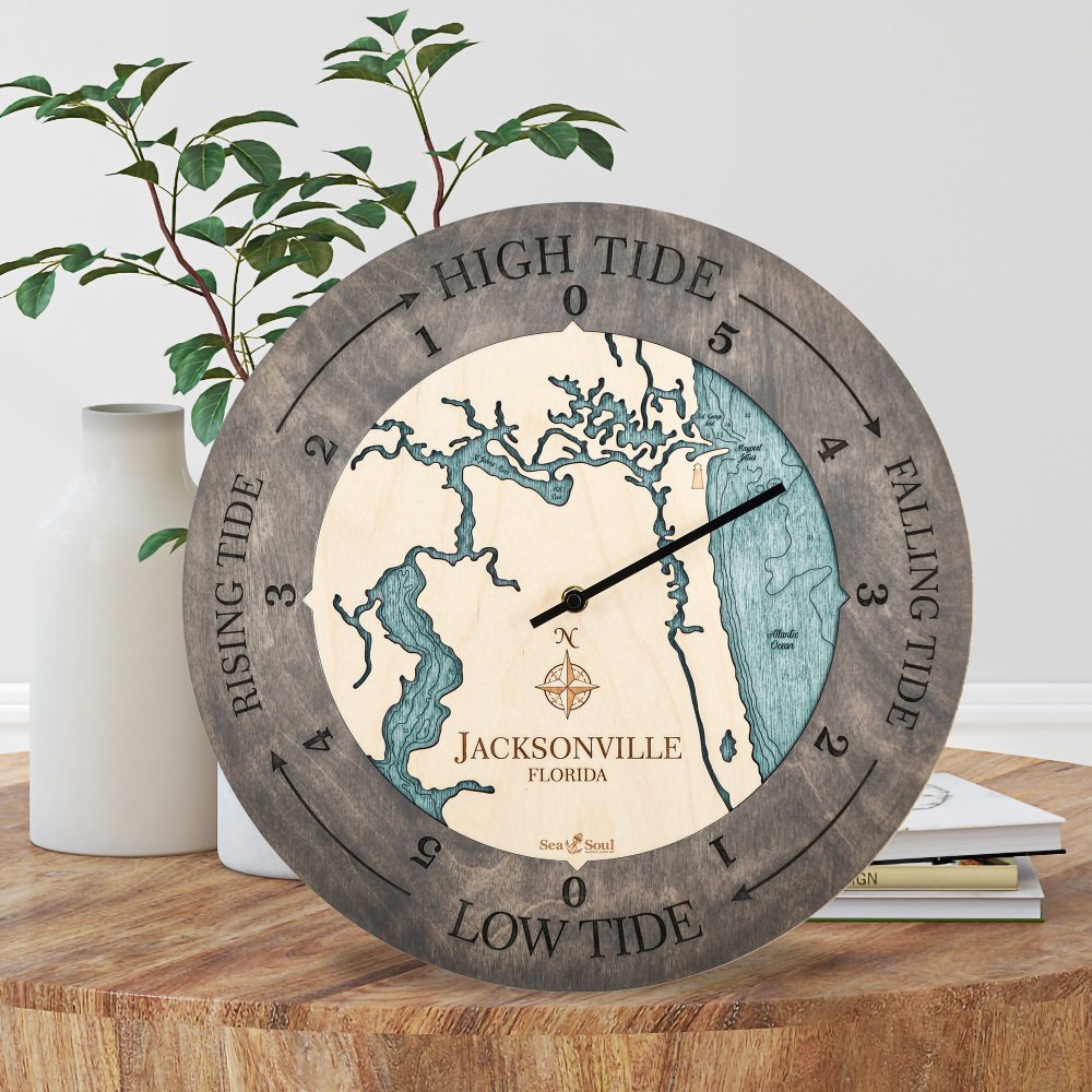 Jacksonville Florida Tide Clock Driftwood Accent with Blue Green Water Sitting on Coffee Table with Books and Vases