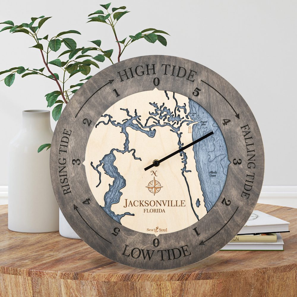 Jacksonville Florida Tide Clock Driftwood Accent with Deep Blue Water Sitting on Coffee Table with Books and Vases