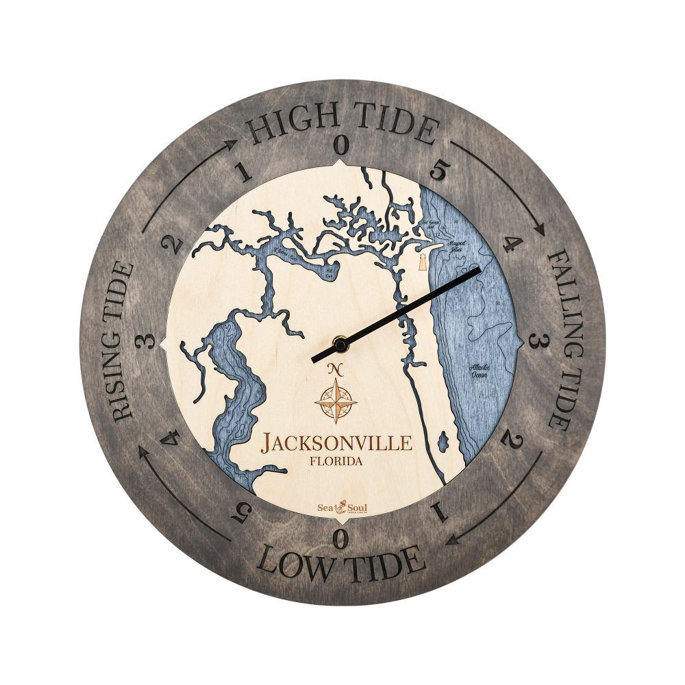 Jacksonville Florida Tide Clock Driftwood Accent with Deep Blue Water