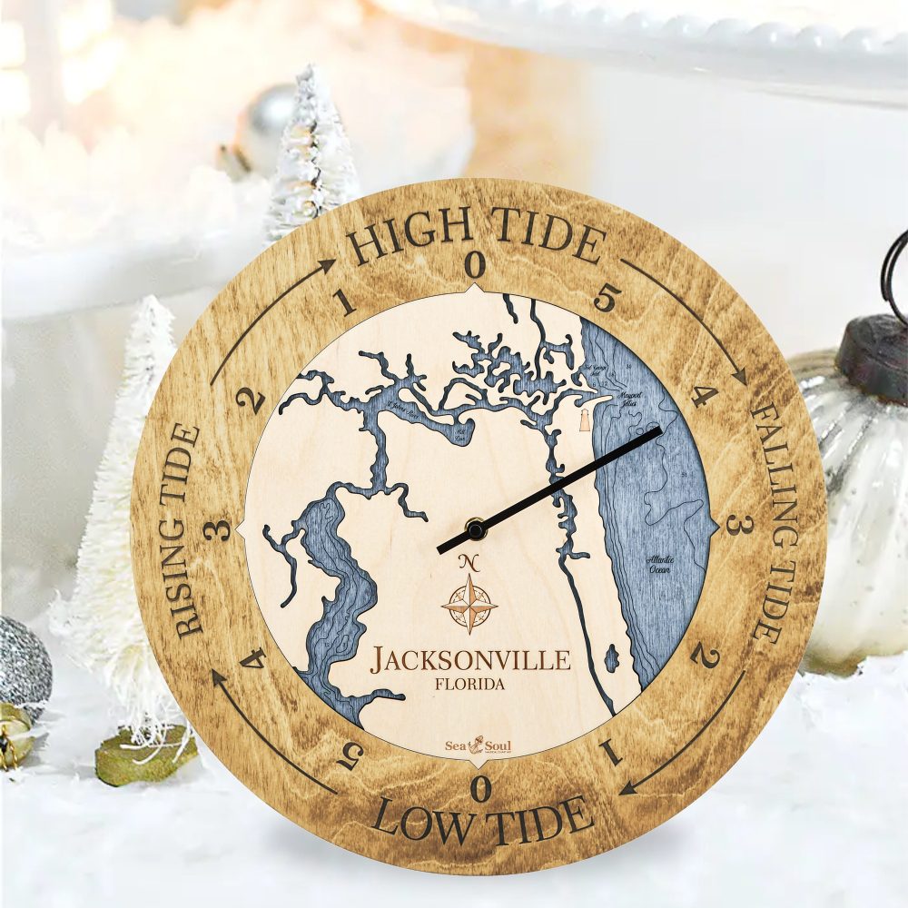Jacksonville Florida Tide Clock Honey Accent with Deep Blue Water Sitting on Table with Silver Ornaments