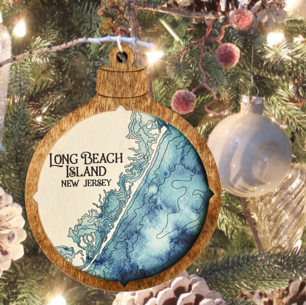 Long Beach Island Christmas Ornament Americana Accent with Deep Blue Water Hanging on Christmas Tree with Ornaments