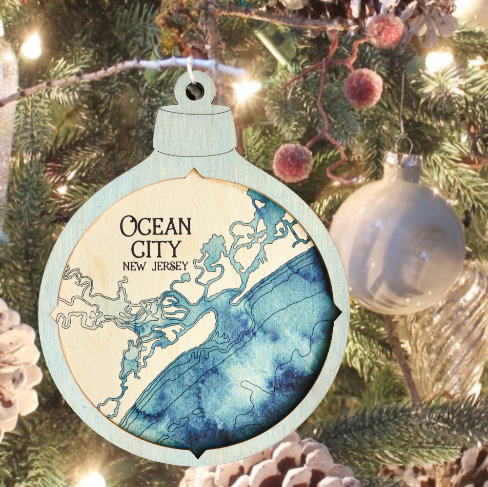 Ocean City Christmas Ornament Bleach Blue Accent with Deep Blue Water Hanging on Christmas Tree with Ornaments