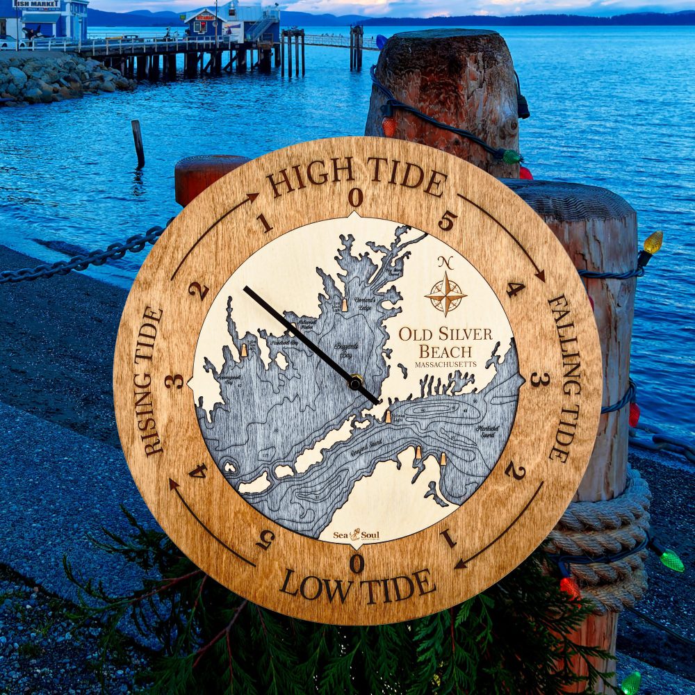 Old Silver Beach Tide Clock Americana Accent with Deep Blue Water Hanging on Dock Post by Waterfront