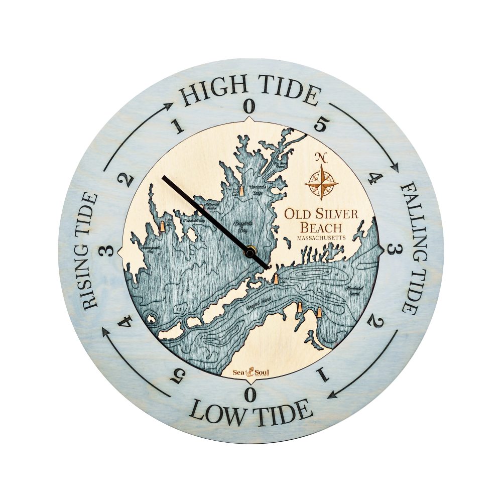 Old Silver Beach Tide Clock Bleach Blue Accent with Blue Green Water