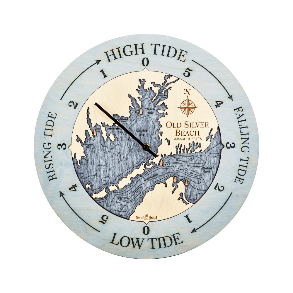 Old Silver Beach Tide Clock Bleach Blue Accent with Deep Blue Water