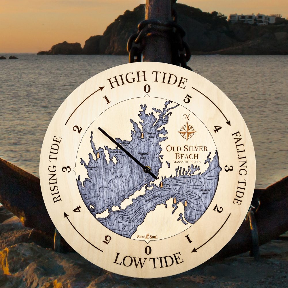 Old Silver Beach Tide Clock Birch Accent with Deep Blue Water Sitting by Anchor and Waterfront