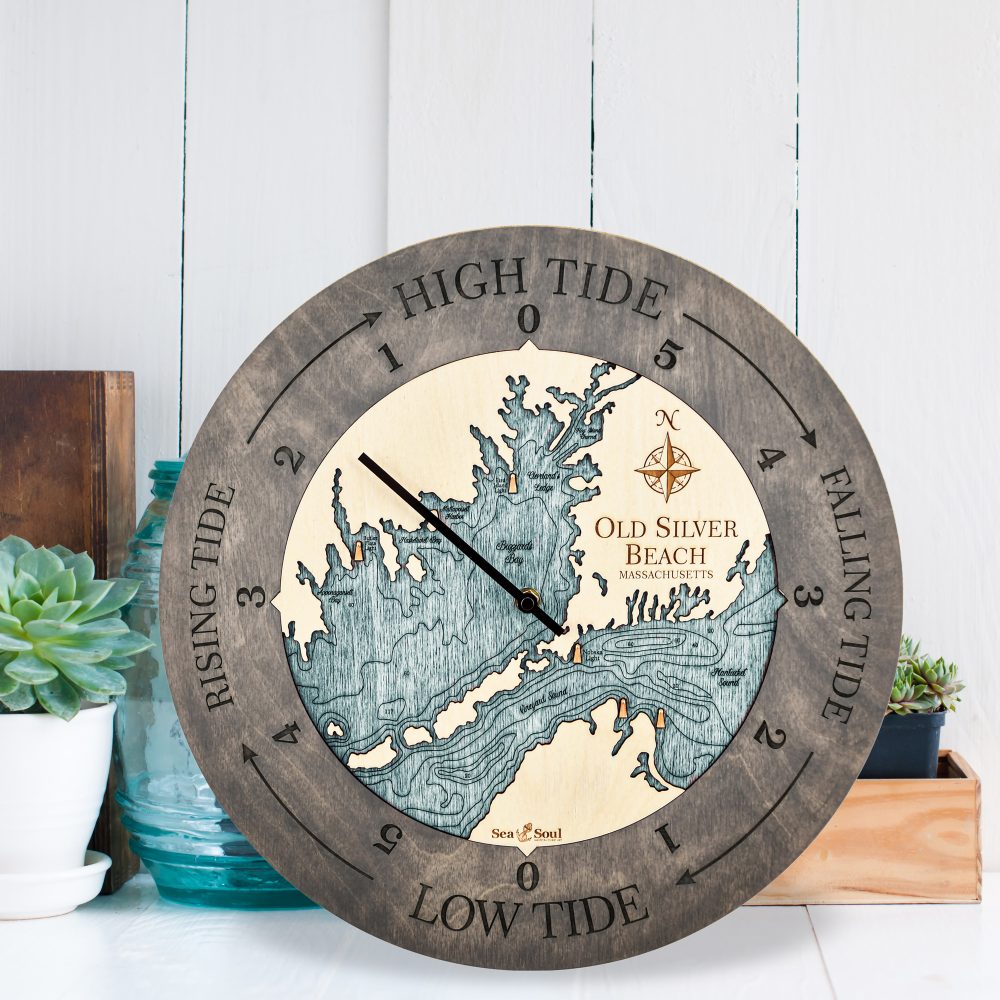 Old Silver Beach Tide Clock Driftwood Accent with Blue Green Water Sitting by Succulents