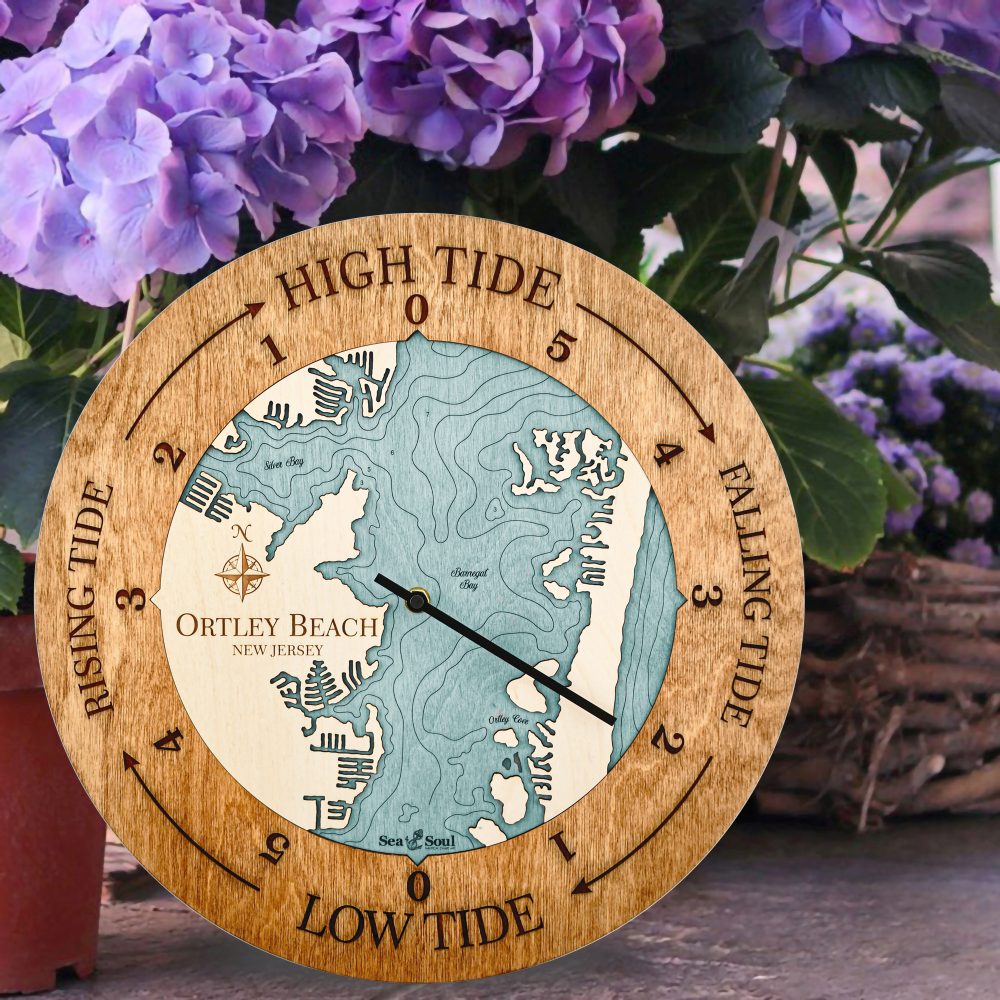 Ortley Beach Tide Clock Americana Accent with Blue Green Water Sitting on Ground by Flower Pot