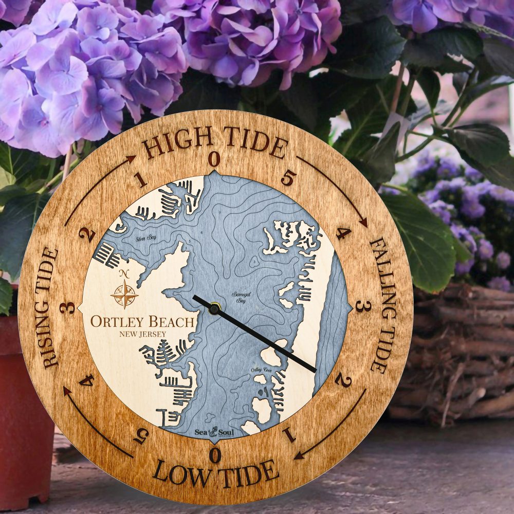 Ortley Beach Tide Clock Americana Accent with Deep Blue Water Sitting on Ground by Flower Pot