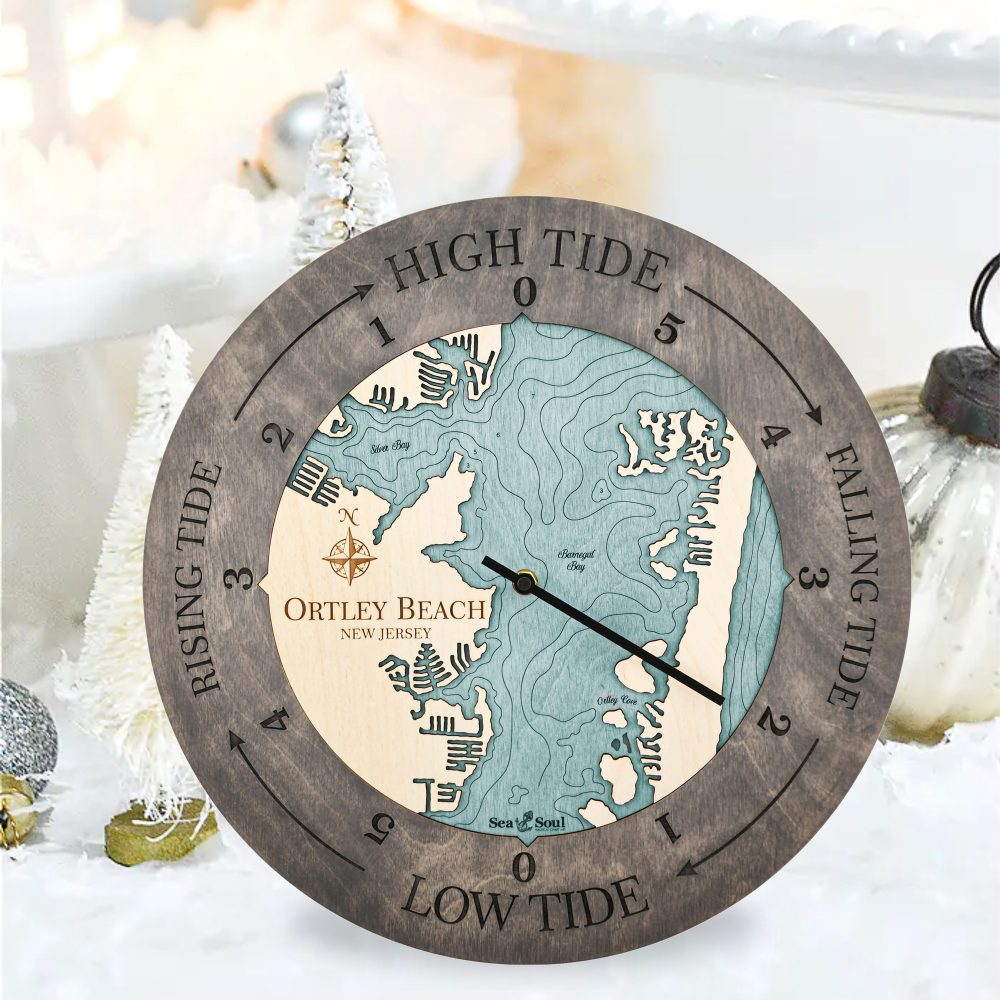 Ortley Beach Tide Clock Driftwood Accent with Blue Green Water Sitting on Table with Silver Ornaments