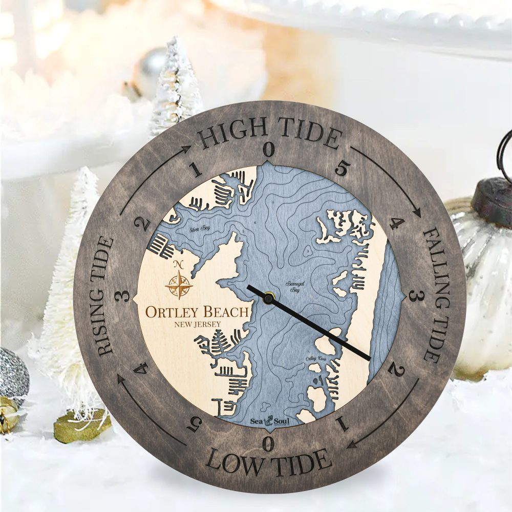 Ortley Beach Tide Clock Driftwood Accent with Deep Blue Water Sitting on Table with Silver Ornaments
